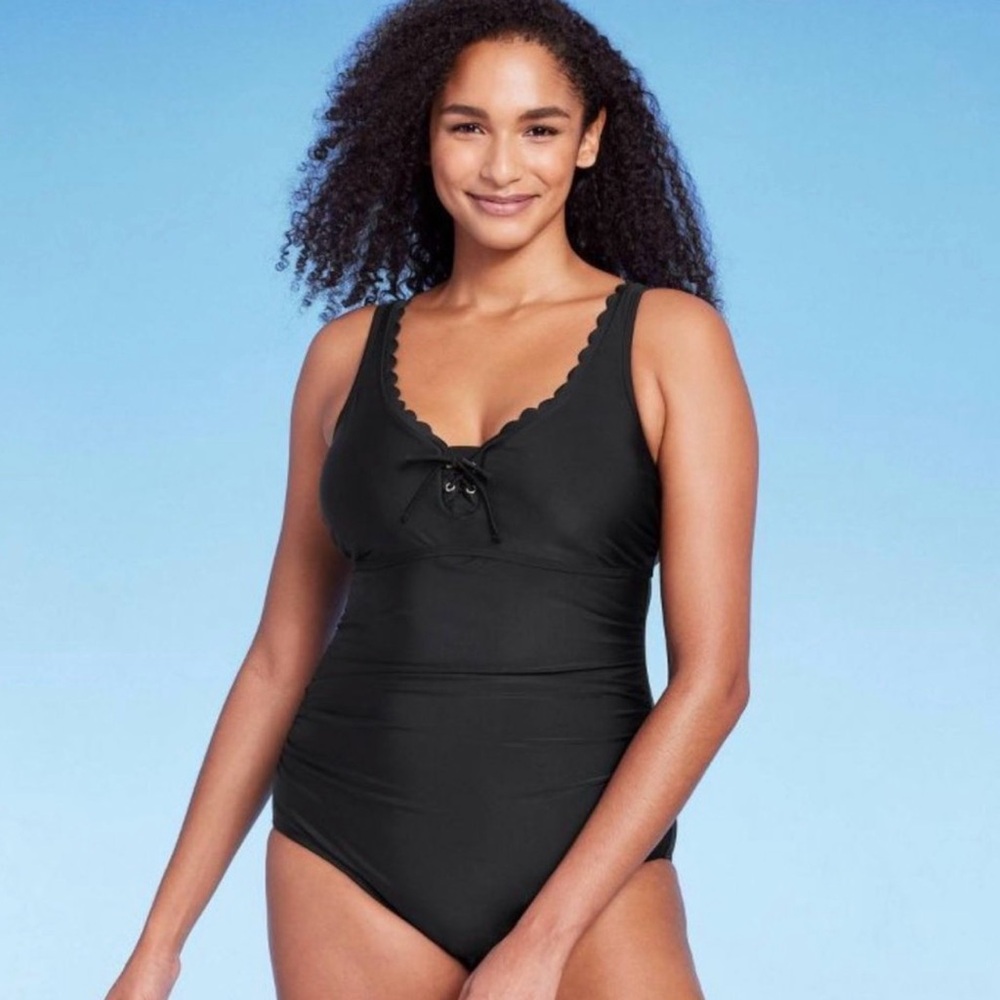 Kona Sol Black Scalloped One-Piece Swimsuit